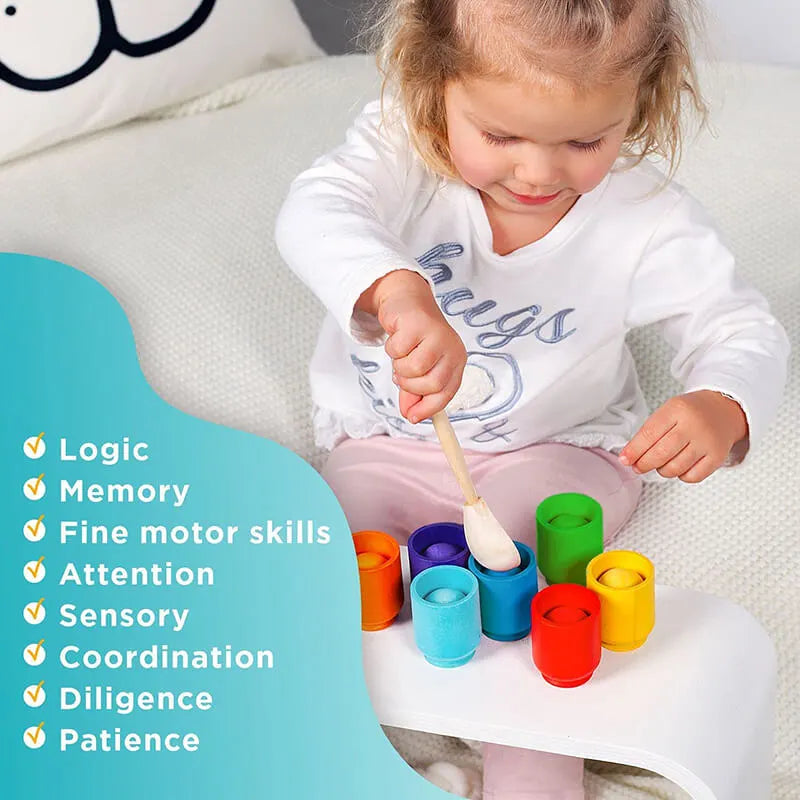 Montessori Wooden Rainbow Ball & Cups: Baby Color Sorting Toy