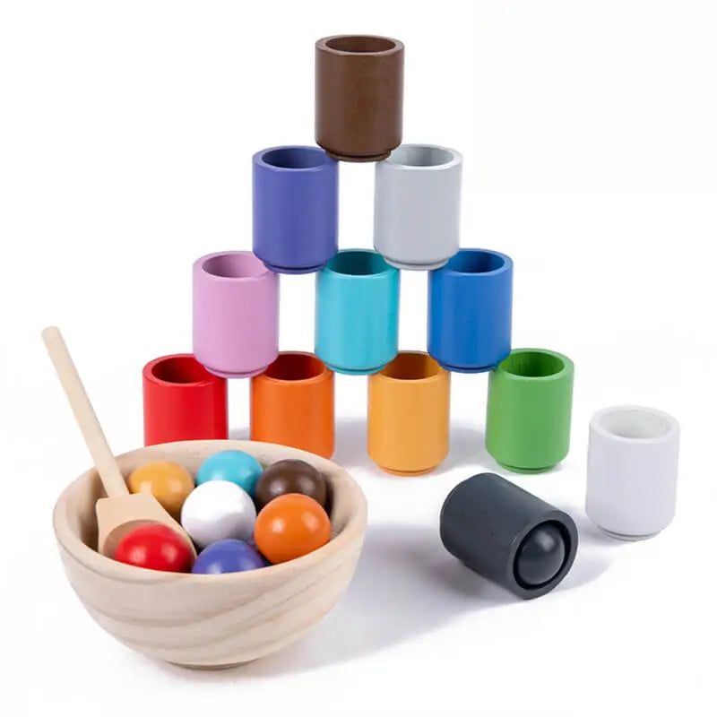Montessori Wooden Rainbow Ball & Cups: Baby Color Sorting Toy