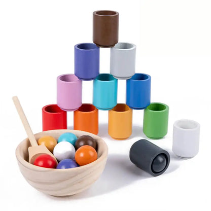 Montessori Wooden Rainbow Ball & Cups: Baby Color Sorting Toy