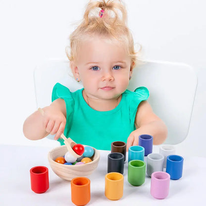 Montessori Wooden Rainbow Ball & Cups: Baby Color Sorting Toy