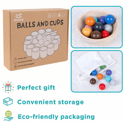 Montessori Wooden Rainbow Ball & Cups: Baby Color Sorting Toy