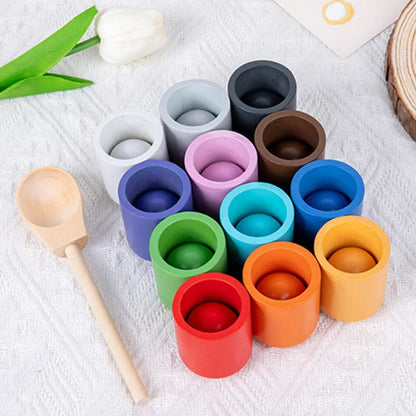 Montessori Wooden Rainbow Ball & Cups: Baby Color Sorting Toy