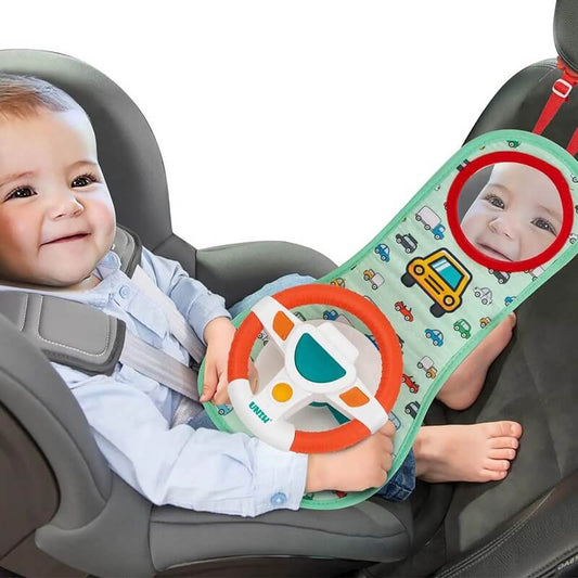 Baby Car Seat & Stroller Toy for Infants with Mirror, Steering Wheel with Music Lights and Driving Sounds