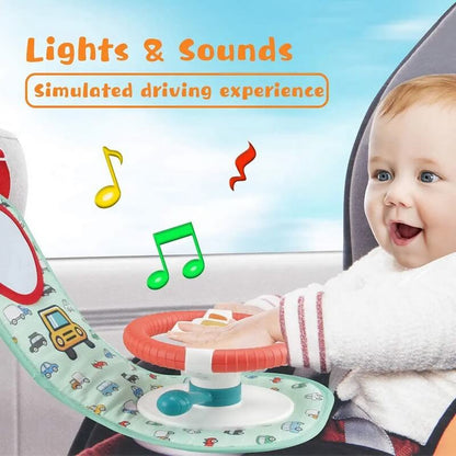 Baby Car Seat & Stroller Toy for Infants with Mirror, Steering Wheel with Music Lights and Driving Sounds