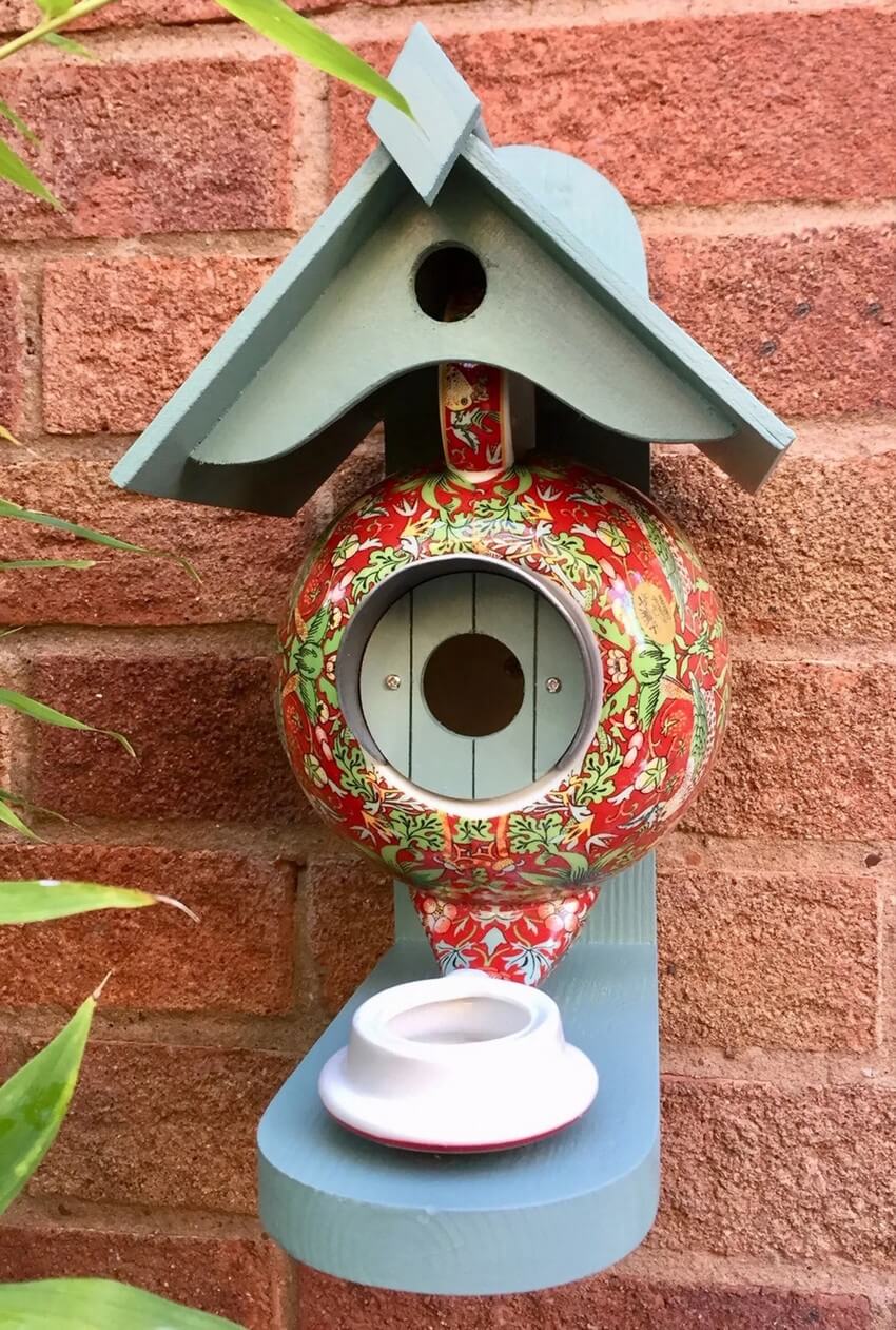 Handmade William Morris Teal Teapot Bird House and Feeder