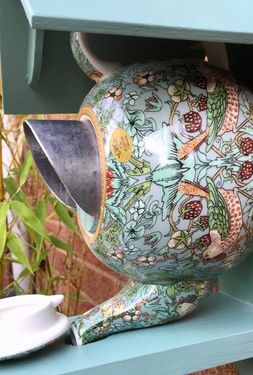 Handmade William Morris Teal Teapot Bird House and Feeder