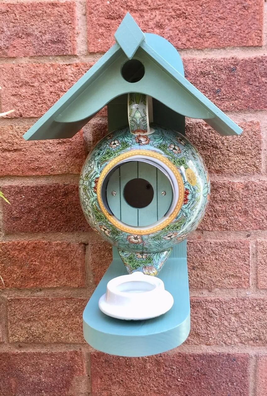 Handmade William Morris Teal Teapot Bird House and Feeder