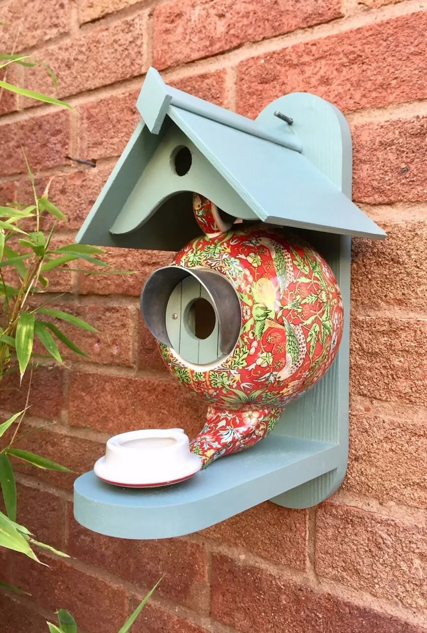 Handmade William Morris Teal Teapot Bird House and Feeder