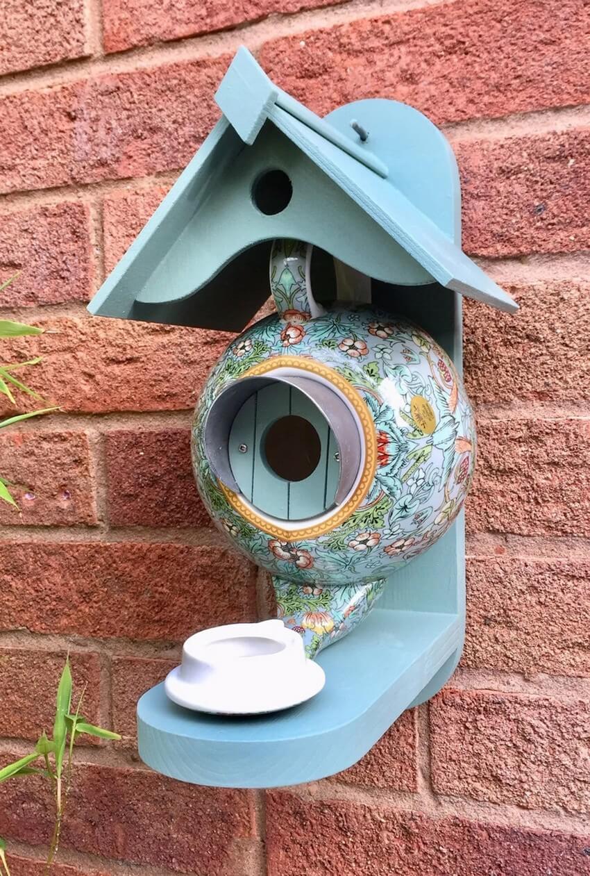 Handmade William Morris Teal Teapot Bird House and Feeder