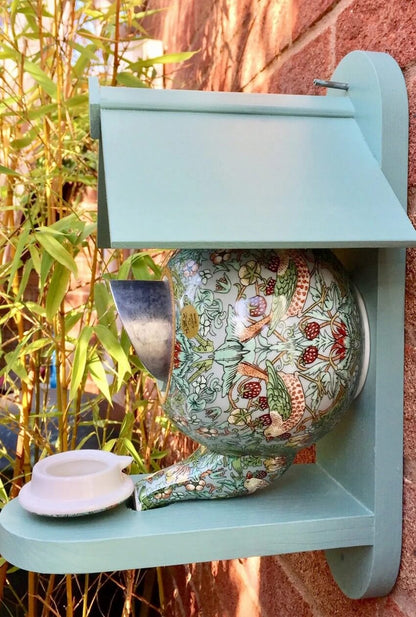 Handmade William Morris Teal Teapot Bird House and Feeder